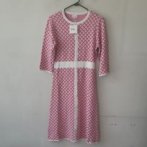Pink Diamond-Pattern Button-Front Long Sleeve Dress with White Waistband